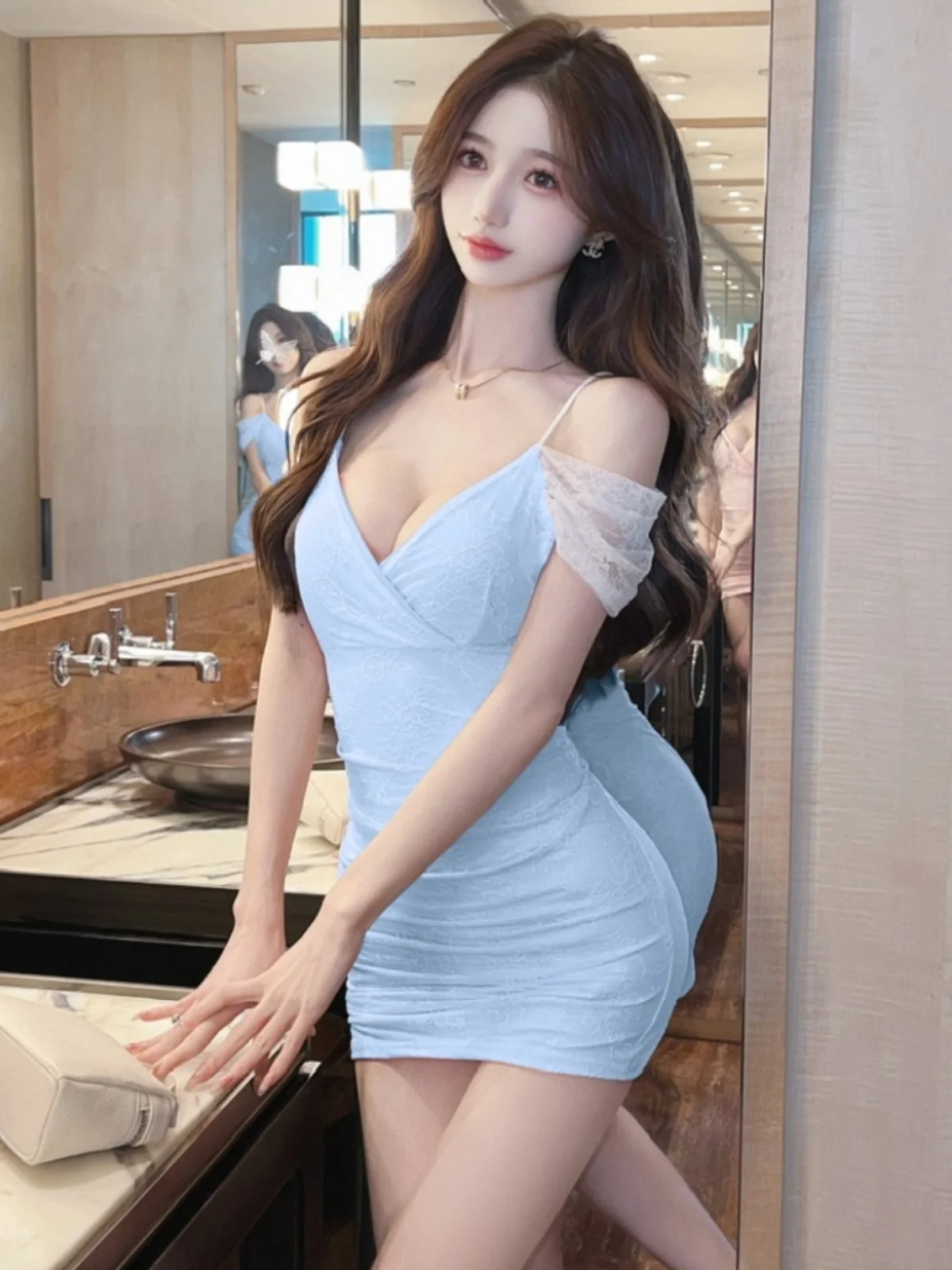 Sexy Girl Low Chest Lace Strapl Dr Bodycon ort Skirt Summer Faionable V Ne oulder Pads Polyester Spandex Blend