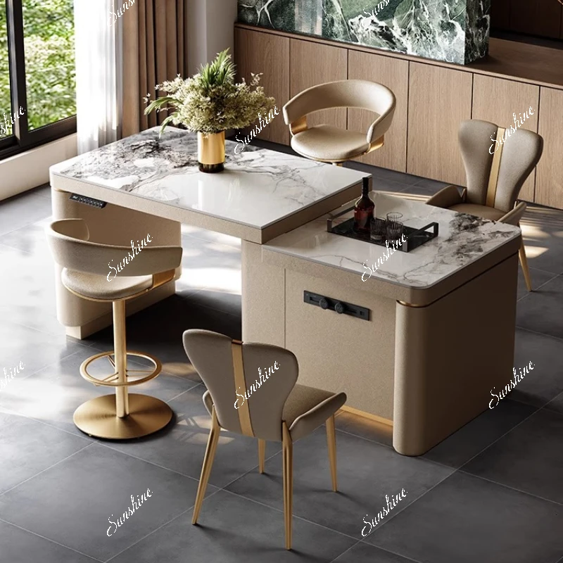 Light luxury high-end electric lifting island dining table integrated household retractable small apartment open