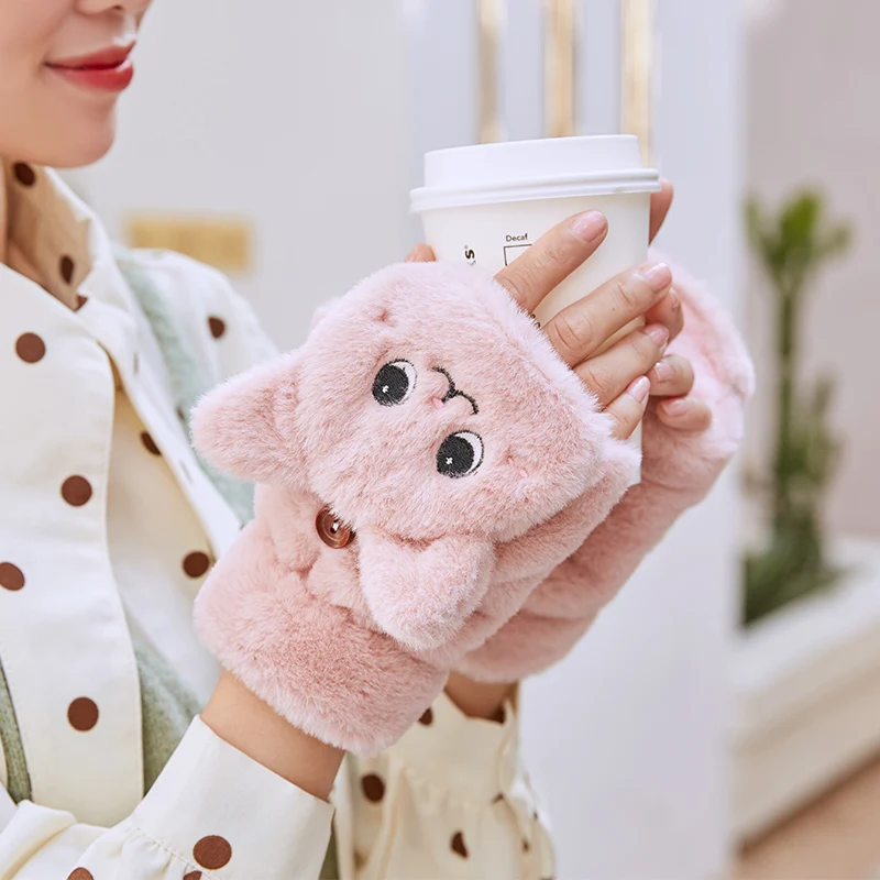 Cute Rabbit Fur Knit Mittens Plush Fingerless Gloves Flip Half Finger Driving Glove Winter Soft Warm Thick Gloves for Women Girl