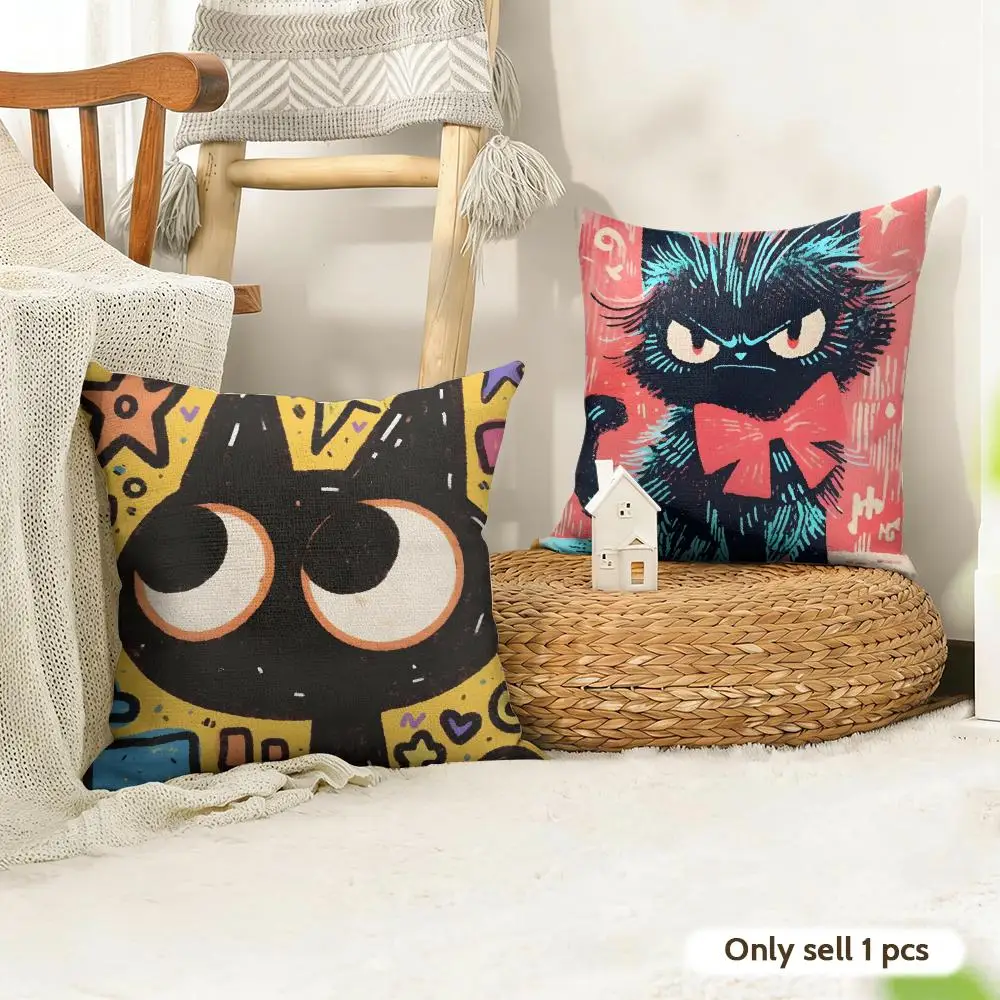 Cartoon Art Cat Cushion Cover Natural Linen Organic Fabric Double-Sided Printing Sofa Home Decor Gift Pillow Case