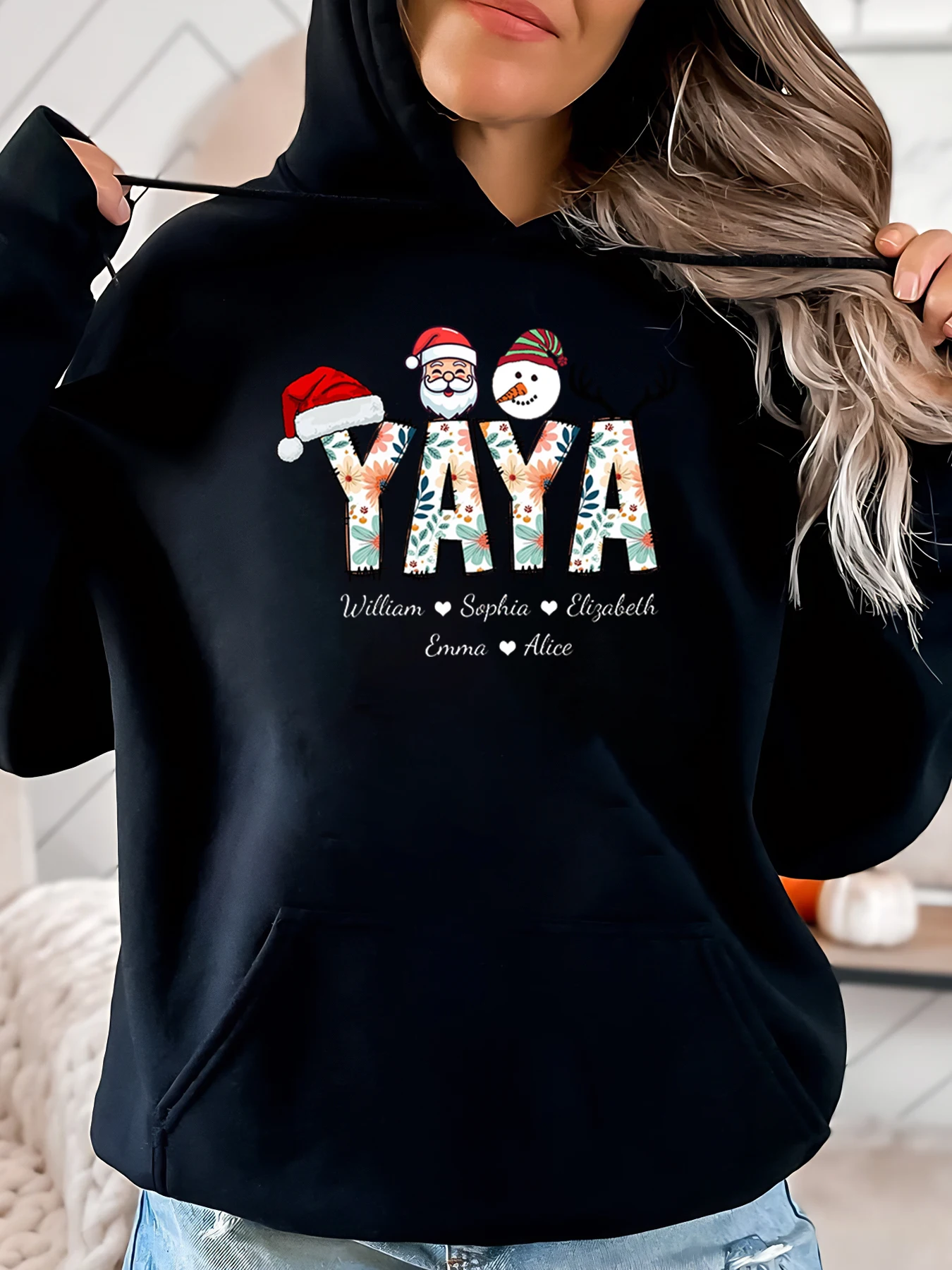 

Рождественский Санта-Снеговик Яя, персонализированные имена, толстовка с капюшоном, женский семейный праздничный подарок, черный, большие размеры