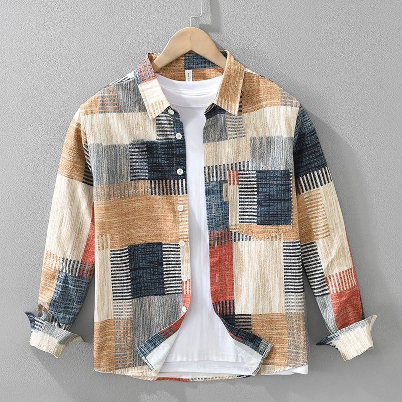 Retro Japanese Style Long Sleeve Printed Loose Men's Shirt Thin Spring Fashionable Plaid Trendy Open Cardigan Outerwear