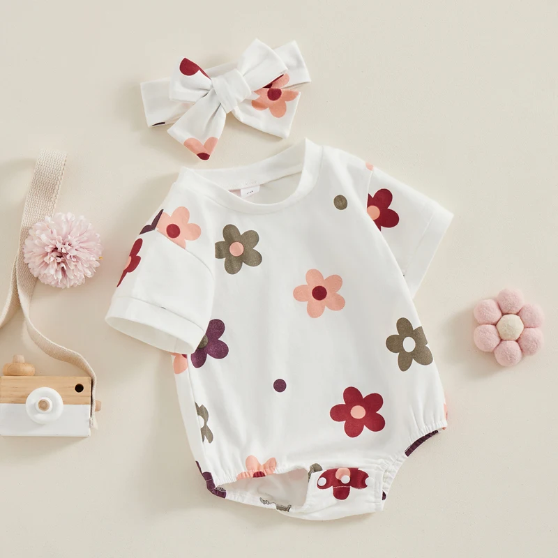 Infant Baby Girl Summer Jumpsuit Flower Print Round Neck Short Sleeve Romper with Bow Headband