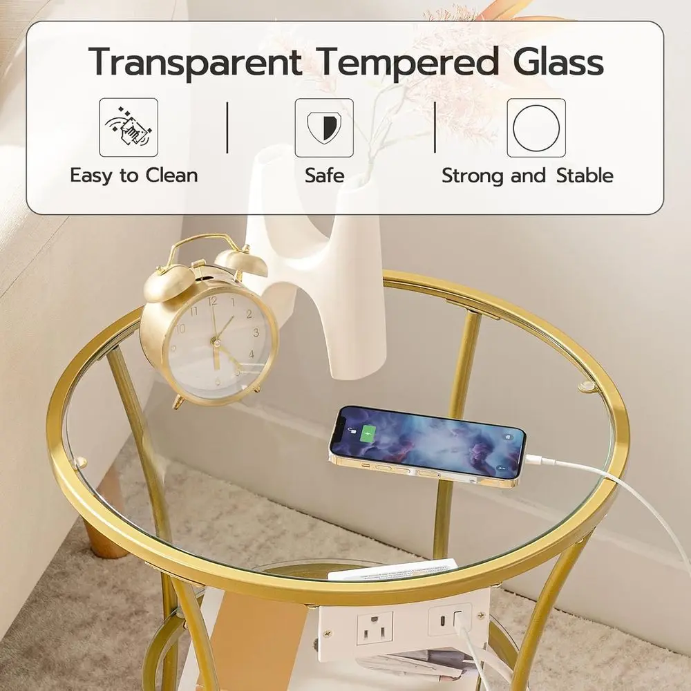 Round Coffee End Table with Charging Station, 2-Tier Small Accent Side Table with Glass Tabletop, Round Nightstand for Small Spa