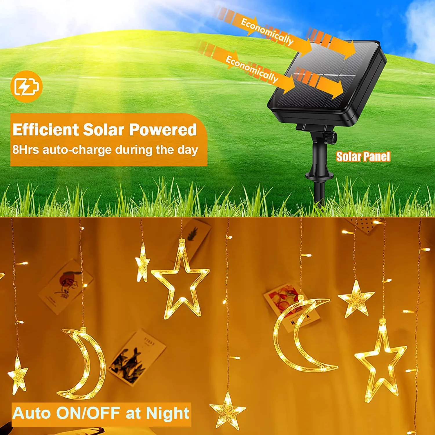 Solar/EU Plug Lamp 3*1M Star Moon Curtain String Fairy Garland 8 Modes IP65 For Outdoor Ramadan Party Home Wedding Decoration