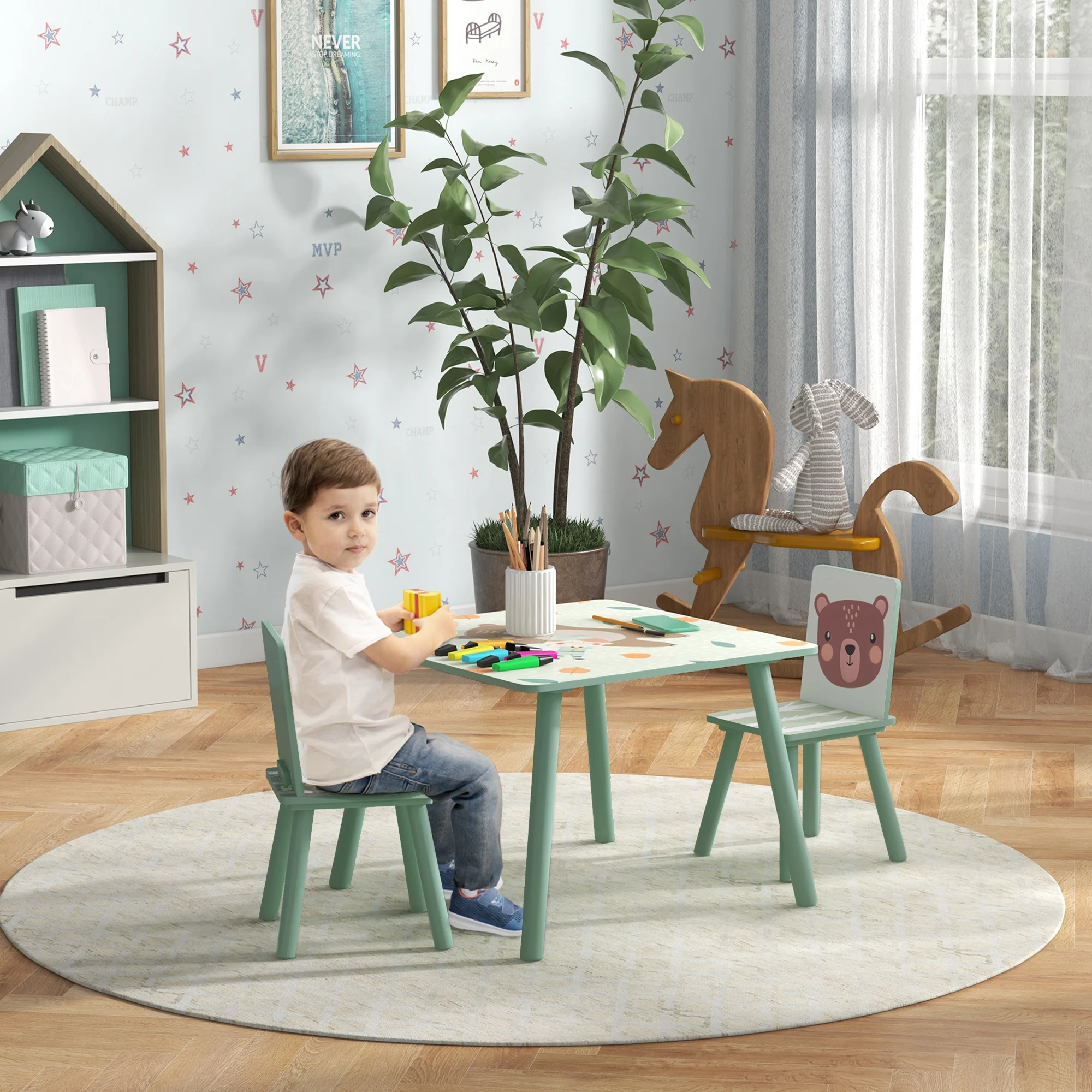 ZONEKIZ Kids Table and Chair Set with 2 Chairs, 3 Piece Toddler Activity Furniture Set for Bedroom, Nursery, Playroom