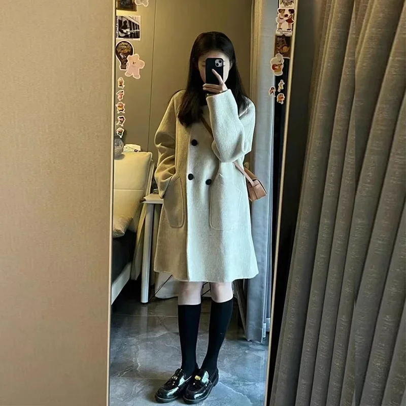 

College style oat woolen coat for women's spring and autumn 2024 new Korean version medium and long high-end woolen coat
