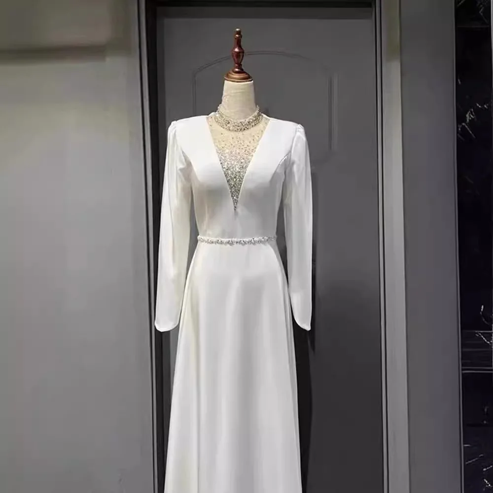 

Elegant White Beading Formal Evening Dresses High-Neck Crystal Beading Long Sleeves Prom Celebrity Dresses Robe De Soriee
