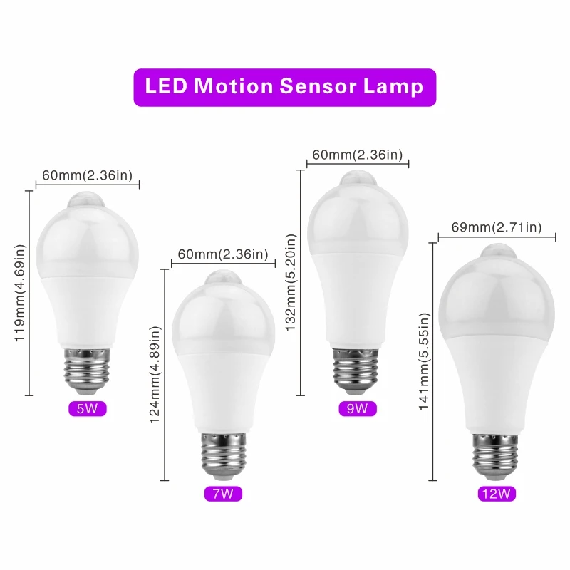 E27 LED PIR Motion Sensor Bulb 5W 7W 9W 12W 110V 220V Cold white Auto Smart Led PIR Infrared Body Light Motion Sensor Lamp