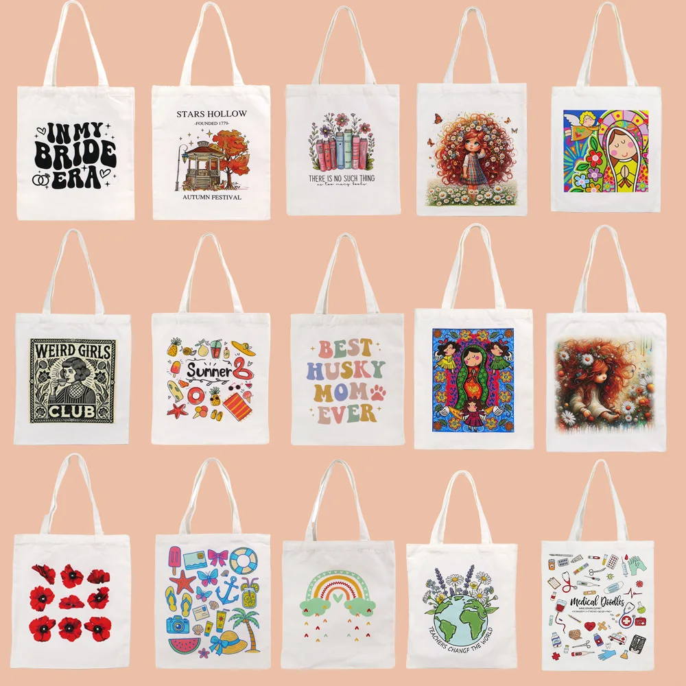 

Vintage Print Canvas Bag Women's Shoulder Bag Cartoon Colored Quotes Shopping Shopper Ladies Hand Bags Tote Bag