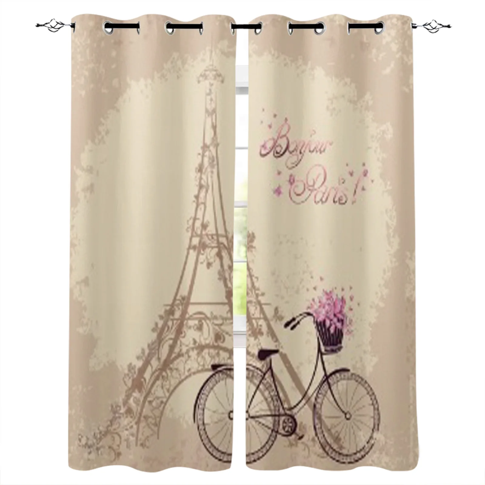 Bonjour Paris Text Mit Turm Eiffel Und Fahrrad Fenster Vorhang Geeignet für Home Vorhänge In Wohnzimmer und kinder schlafzimmer