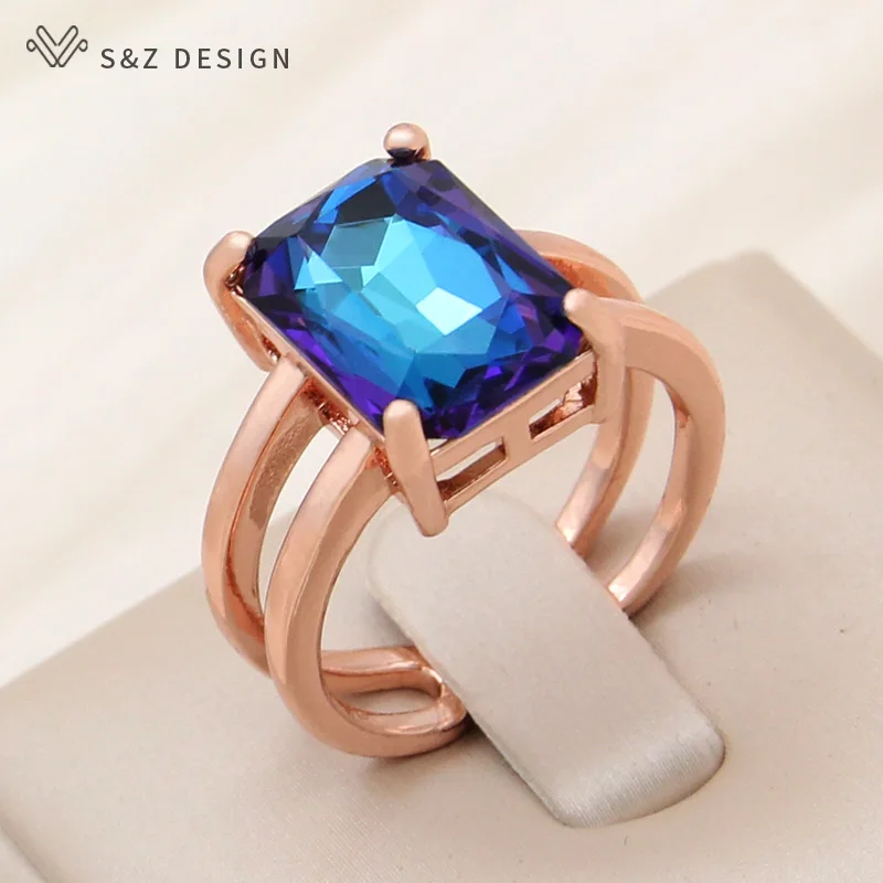 S&Z DESIGN New Fashion 585 Rose Gold Color Adjustable Rectangle Crystal Rings For Women Wedding Party Jewelry Gift