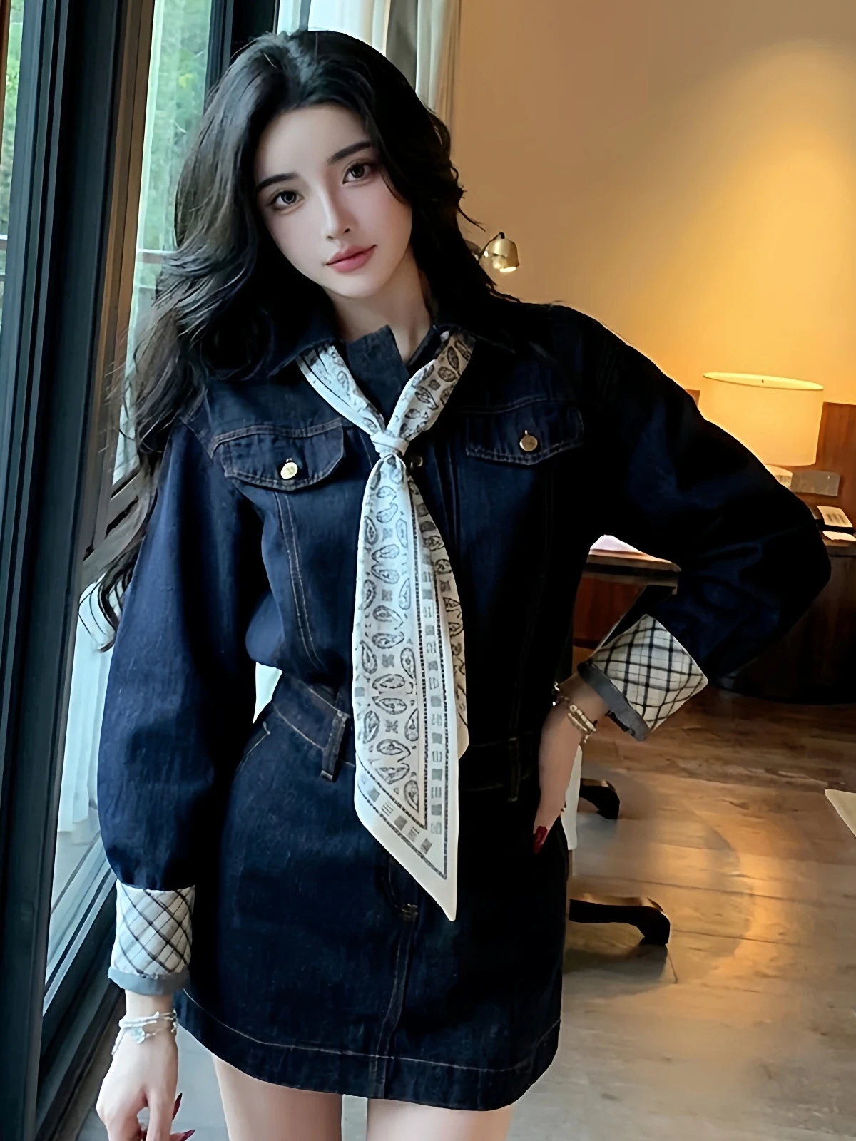 

Sli Slimming A-Line Denim Dr Women's Long Sve Waist-Cinching Spring 2026 New Vintage ort Dr Ele Faion