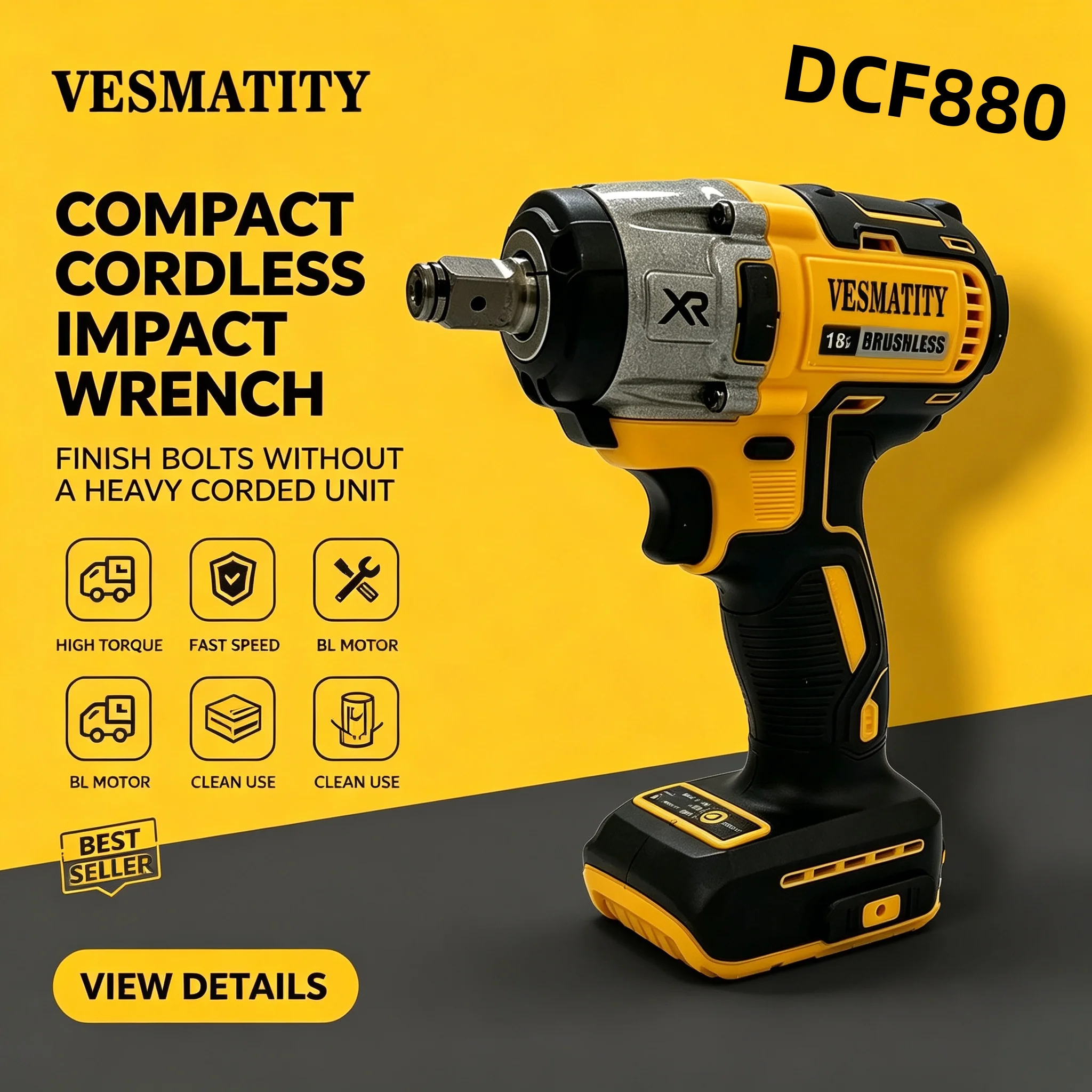 Vesmatity DCF880 Electric Impact Driver Drill Speed Brushless motor Electric Screwdriver For Power Tools （bare machine）