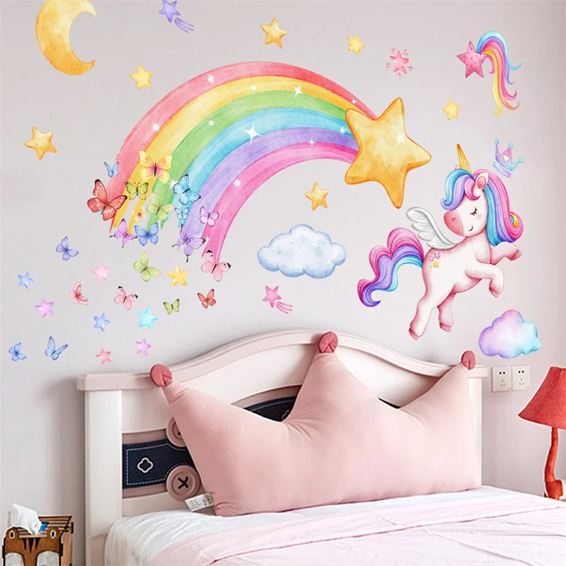 Unicorn Wall Stickers for Children Girl Wall Stickers Kids Room Pony Stickers for Wall Baby Bedroom Rainbow Unicorn Wallpaper
