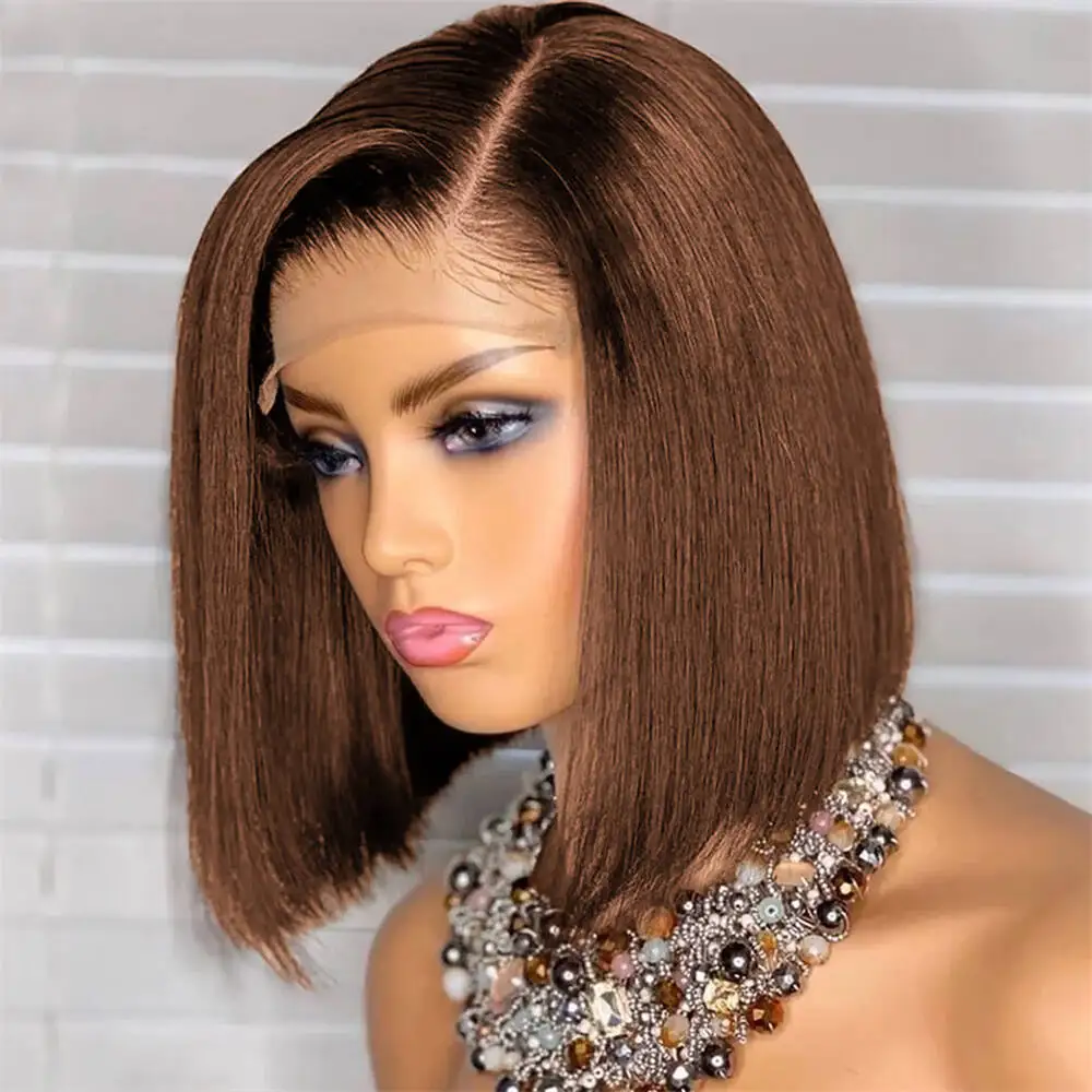 Brown 13x4 Lace Front Wigs Short Bob 100% Human Hair Wigs Straight Bob Lace Frontal Wigs Human Hair 180% Density For Black Women