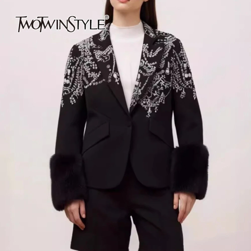 TWOTWINSTYLE Solid Spliced Diamonds Luxurious Blazers for Women Lapel Long Sleeves Patchwork Fluff Elegant Blazer Female Fashion