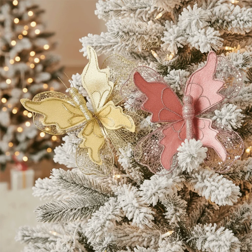 

20cm Christmas Butterfly Ornament Fabric Vibrant Colors 3D Butterfly Decoration Decorative Glittered Christmas Tree Decorations