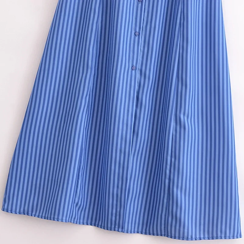 TRAF-Vestido Midi com Botões com Listras Fora do Ombro Feminino, Azul, Casual, Verão, 2022