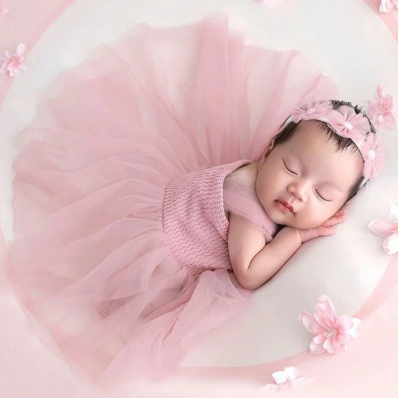

2 шт. Набор для фотосессии новорожденных девочек: пыльно-розовое платье из сетки с повязкой на голову, реквизит для фотостудии