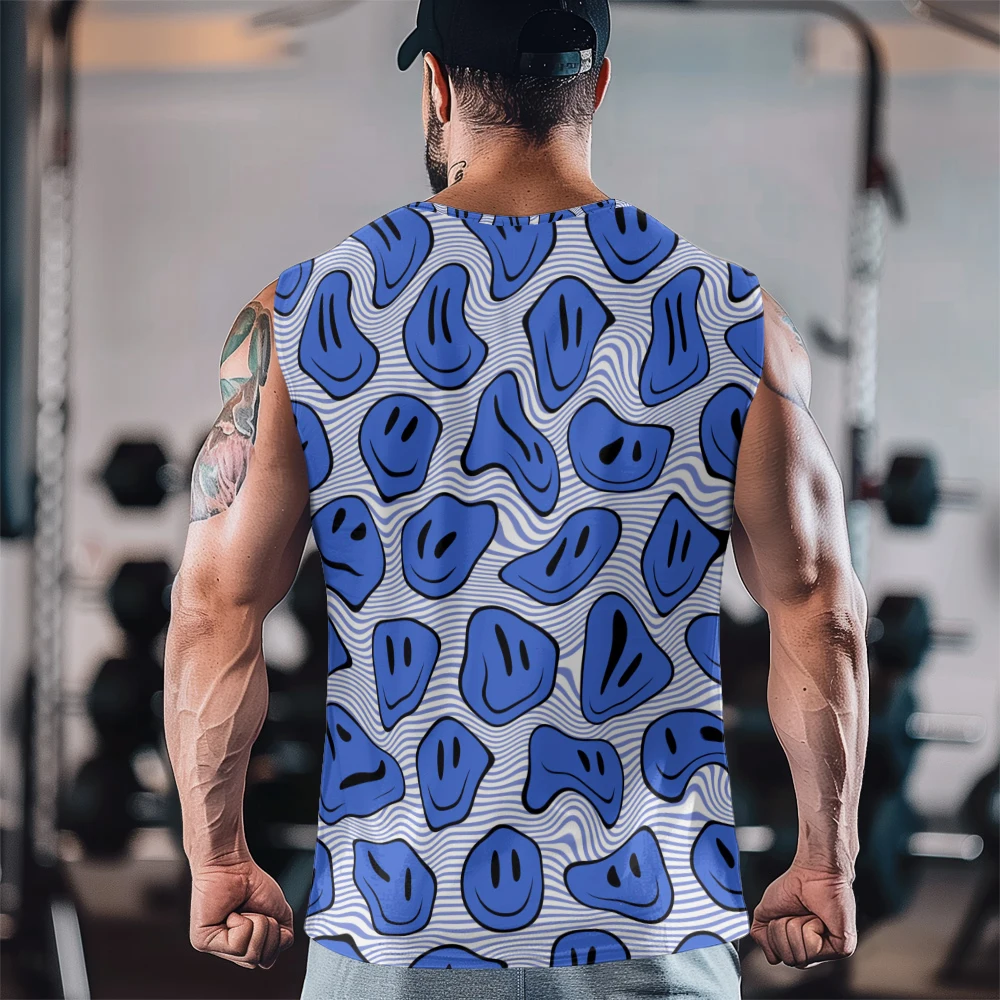 Blue Stripes Funny Morphing Smiley Face Print Gym Casual Tank Top Sleeveless Thin Train Vest Youth Men's Sports Fitness Vest