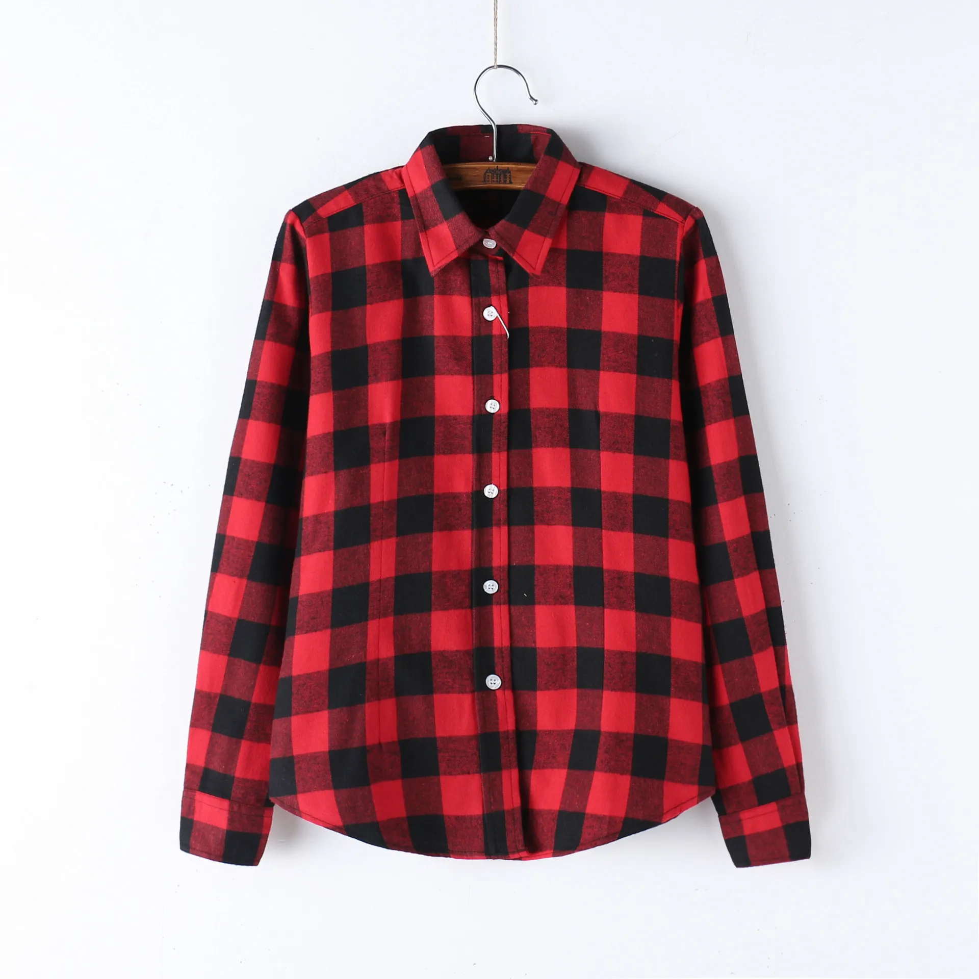 Classic Red Black Plaid Shirt Women 2024 New Casual Office Ladies Long Sleeve Blouses and Tops Lady Checked Clothes