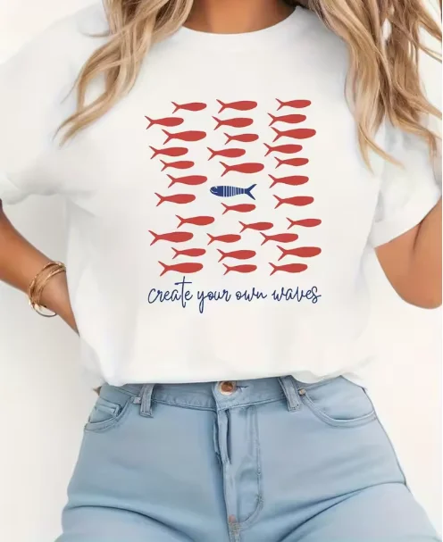 Create Your Own Waves Red Fish Blue Letter Print Women T-Shirt Crew Neck Short Sleeve Summer Casual Fashion Tops