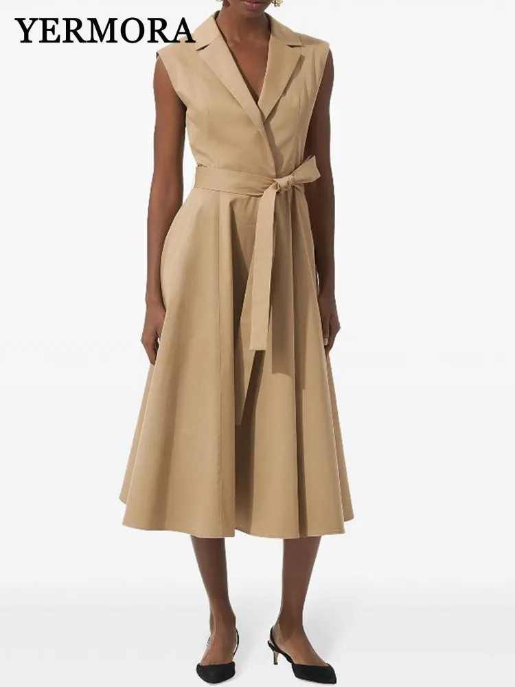 

YERMORA Women Khaki Pleated Belted Casual Dress Lapel Sleeveless Loose Fit New Sundress Fashion Tide Spring Summer 2025
