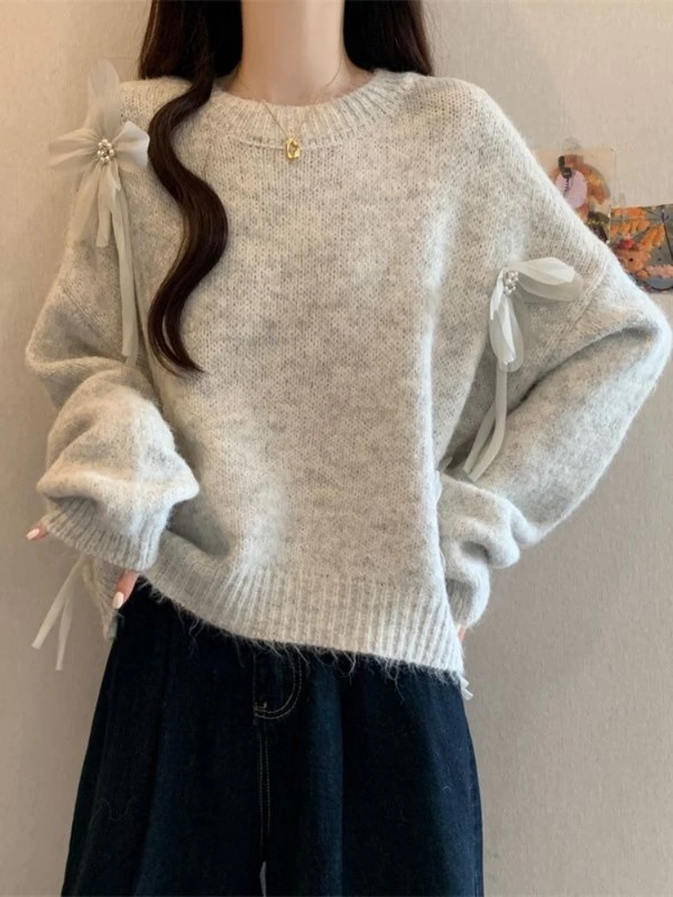 Doce outono e inverno casual quente grosso malha pulôver camisola doce estilo feminino tridimensional arco decoração camisola