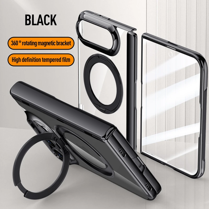 For Magsafe Case For iPhone Ultra Electroplating Transparent Magnetic Rotating Bracket Hinge With Tempered Film Shockproof Cover