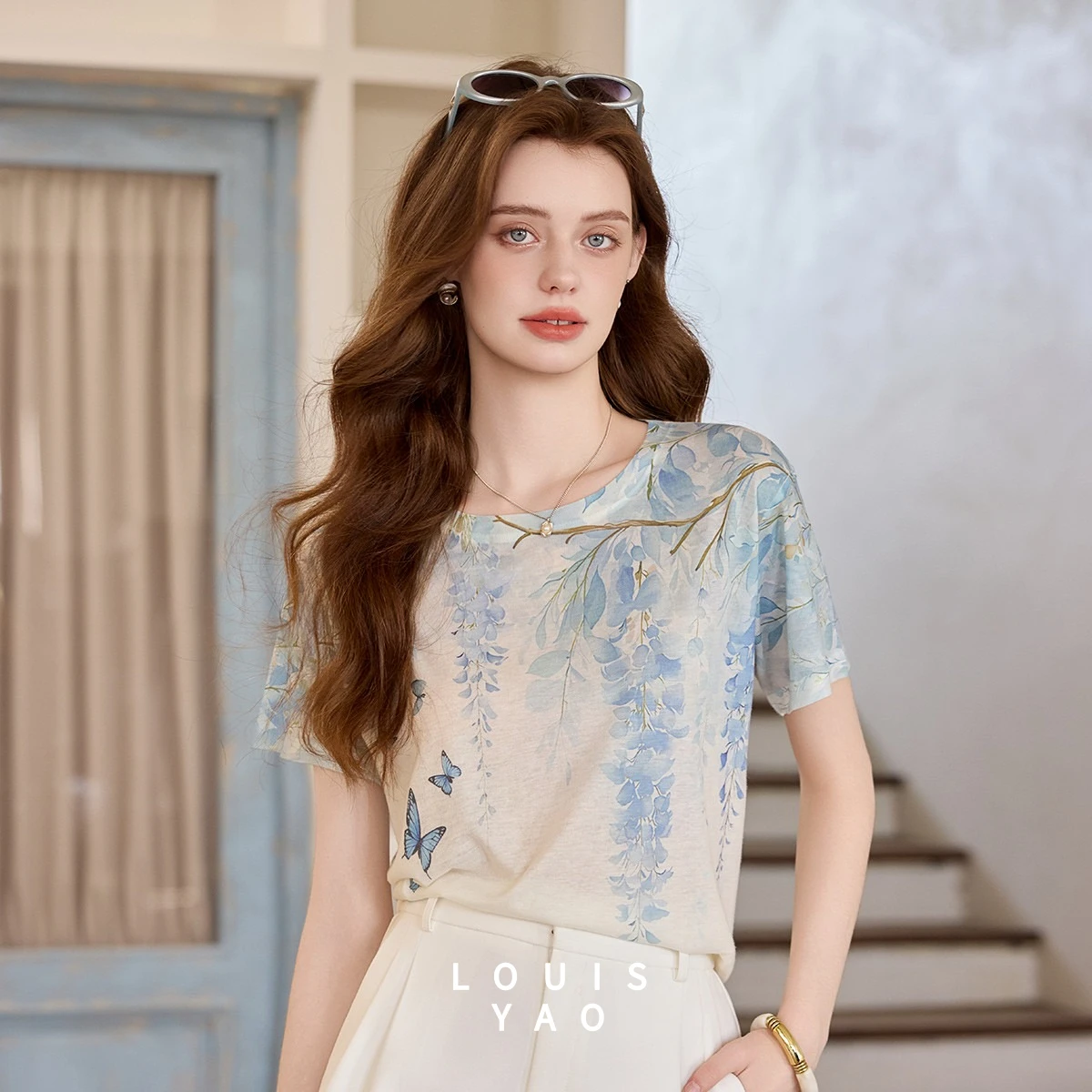 LOUIS YAO Women's T-Shirts 2026 Summer Stretch Crew Neck Drop Shoulder Loose Ladies Tops Fresh Floral Print Knit T-Shirt