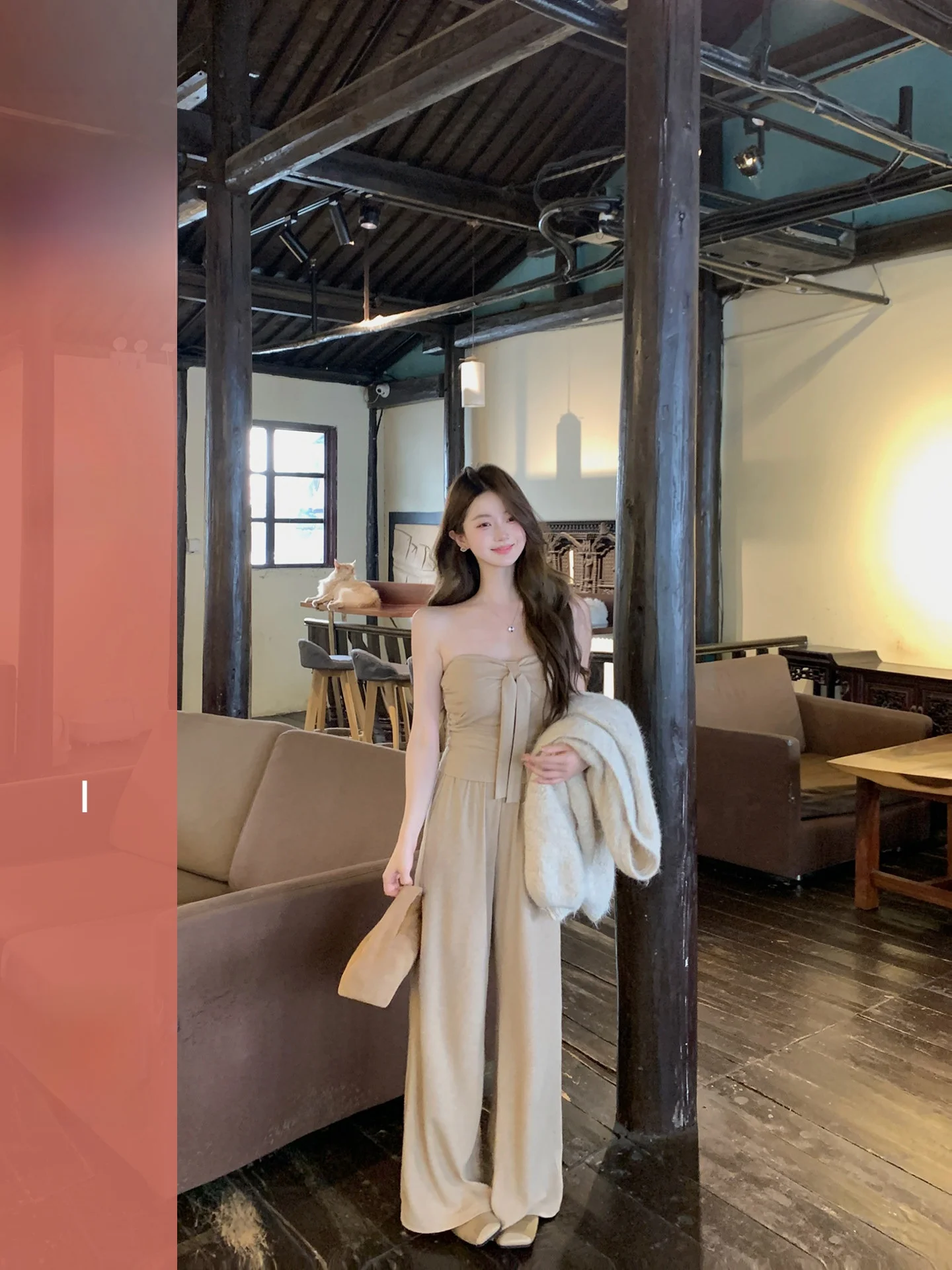 

Женский комплект Huang Zuo Zuo: топ с завязками и повседневные брюки, весенне-осенний модный ансамбль в стиле lazy chic