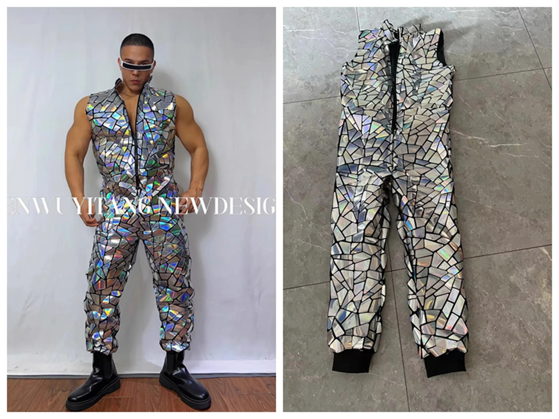 

Комбинезон с длинными рукавами/без рукавов, серебряный блестящий лазерный комбинезон с блестками, костюм в стиле хип-хоп, танцора, группы, певица, бар, ночной клуб, сценическая одежда