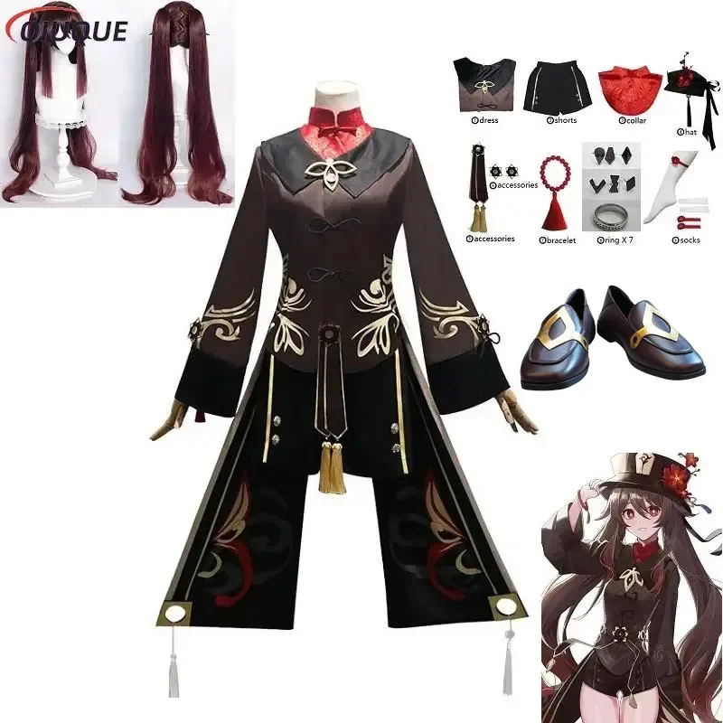 Adulto/Bambini Genshin Impact Hutao Costume Cosplay Parrucca Scarpe Ragazze Donne Hu Tao Uniformi Abito Abiti da gioco Abiti da festa di Halloween