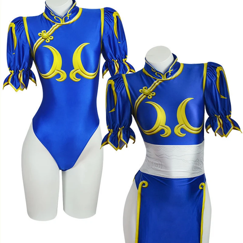 

Games Chun Li Cosplay Dress Costume Game Chunli Role Play Blue Qipao Outfit Full Set Jackie Kung fu Halloween Party Suit For Fun