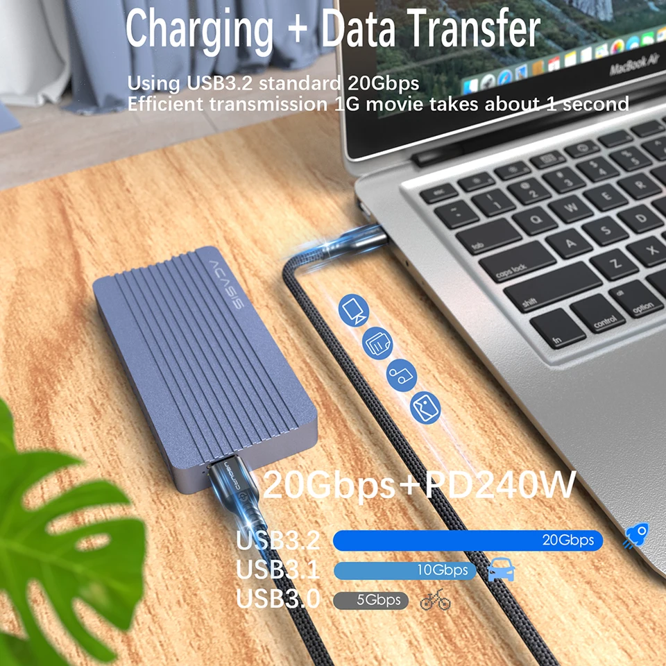 Cable tipo C función completa 20Gbps USB3.2 Gen2*2 transferencia de datos 240W carga rápida 4K para hub 0.2m 3m 5m 2