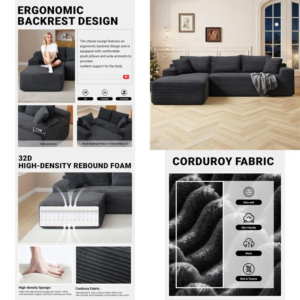 

108 Inch Deep Seat Cloud Sectional Sofa with L-Shape Chaise, Corduroy Fabric, No Assembly Needed