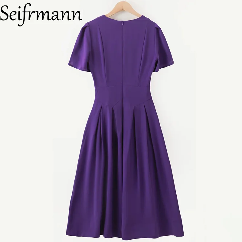 Seifrmann 2026 봄 여성의 새로운 유행 라운드 넥 짧은 소매 입체 꽃 허리 조임 드레스