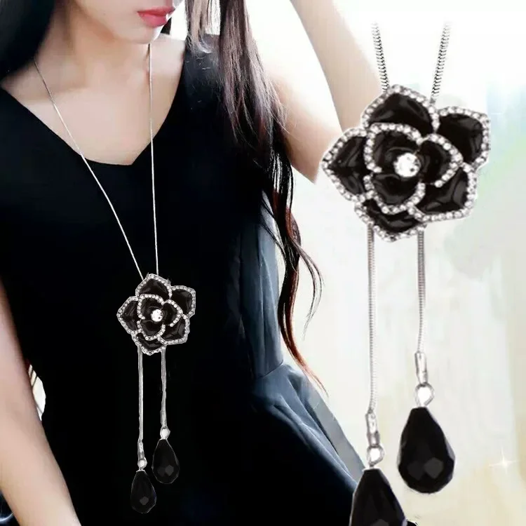 Famous Luxury Camellia Black Flowers Long  Neckless Collares Largos Charm Jewelry Sweater Chain for Women