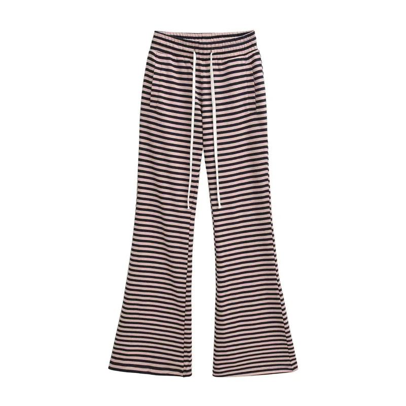 가을 루즈 와이드 레그 스트라이프 드로스트링 플레어 팬츠 캐주얼 바지 여성 빈티지 유럽 스타일 롱 패션