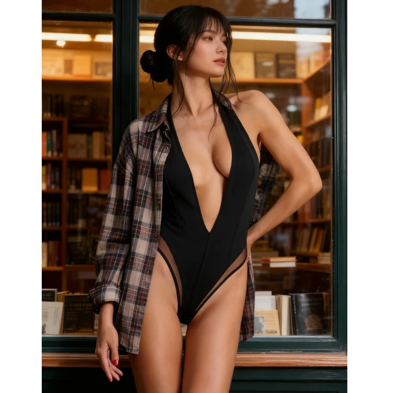 

2025 New style one-piece lace patchwork sexy see-through deep V-neck halter-neck women's top