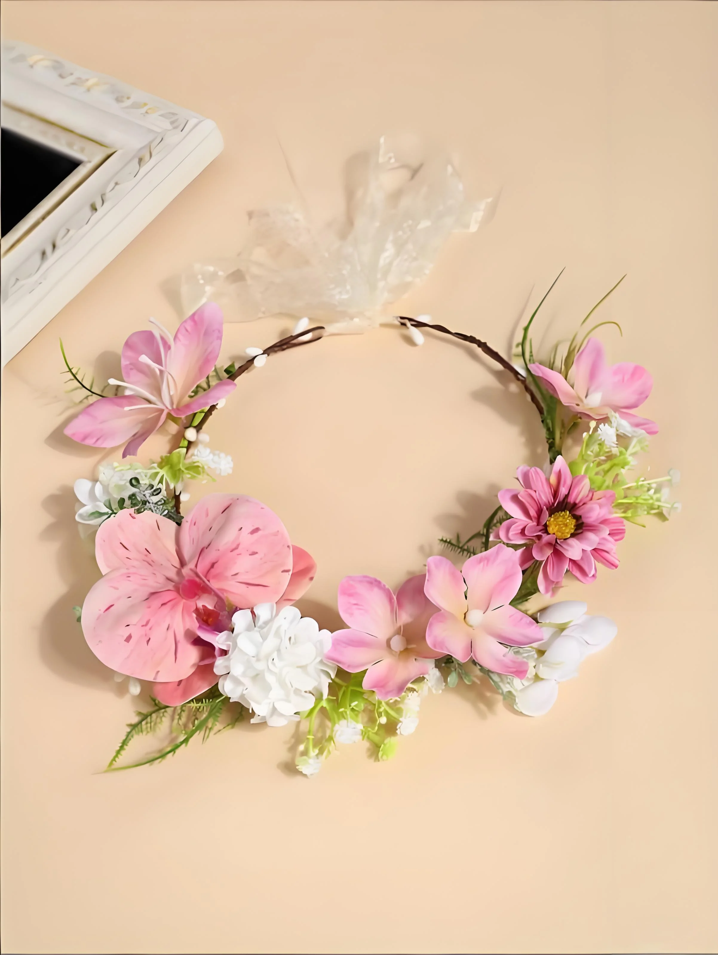 Gentle Pink Phalaenopsis Artificial Flower Wreath Adjustable Forest-Style Headband Bride Seaside Travel Photography Holiday Photo Flower Headpiece