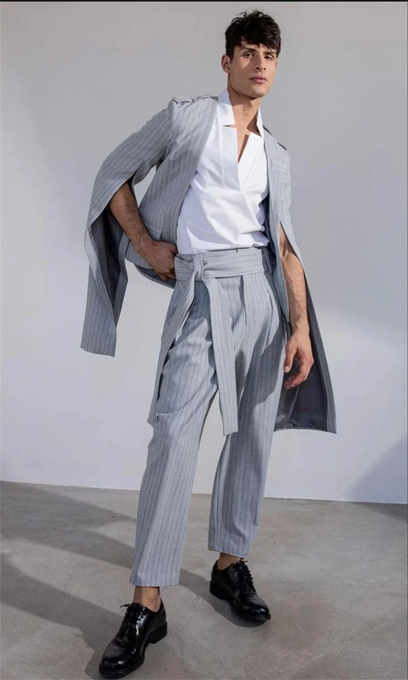 Pinstripe Grey Men Suit Set 2 Piece Blazer+Pants Trousers Split Sleeve Customized Formal Office Jacket Wedding Tuxedos Prom Coat