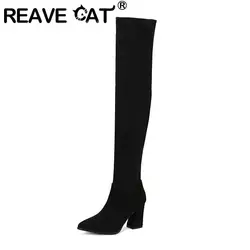 REAVE CAT 2024 Flock Suede Thigh Boots Pointed Toe Chunky Heels 8.5cm Slip On 48 49 50 Sexy Party Dating Booties