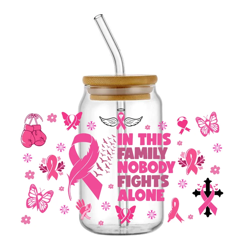 Women Breast Cancer Caring 16OZ UV DTF Cup Wraps Transfer Sticker For Glass Libbey Can Bottle Selfadhesive Washable DIY Custom