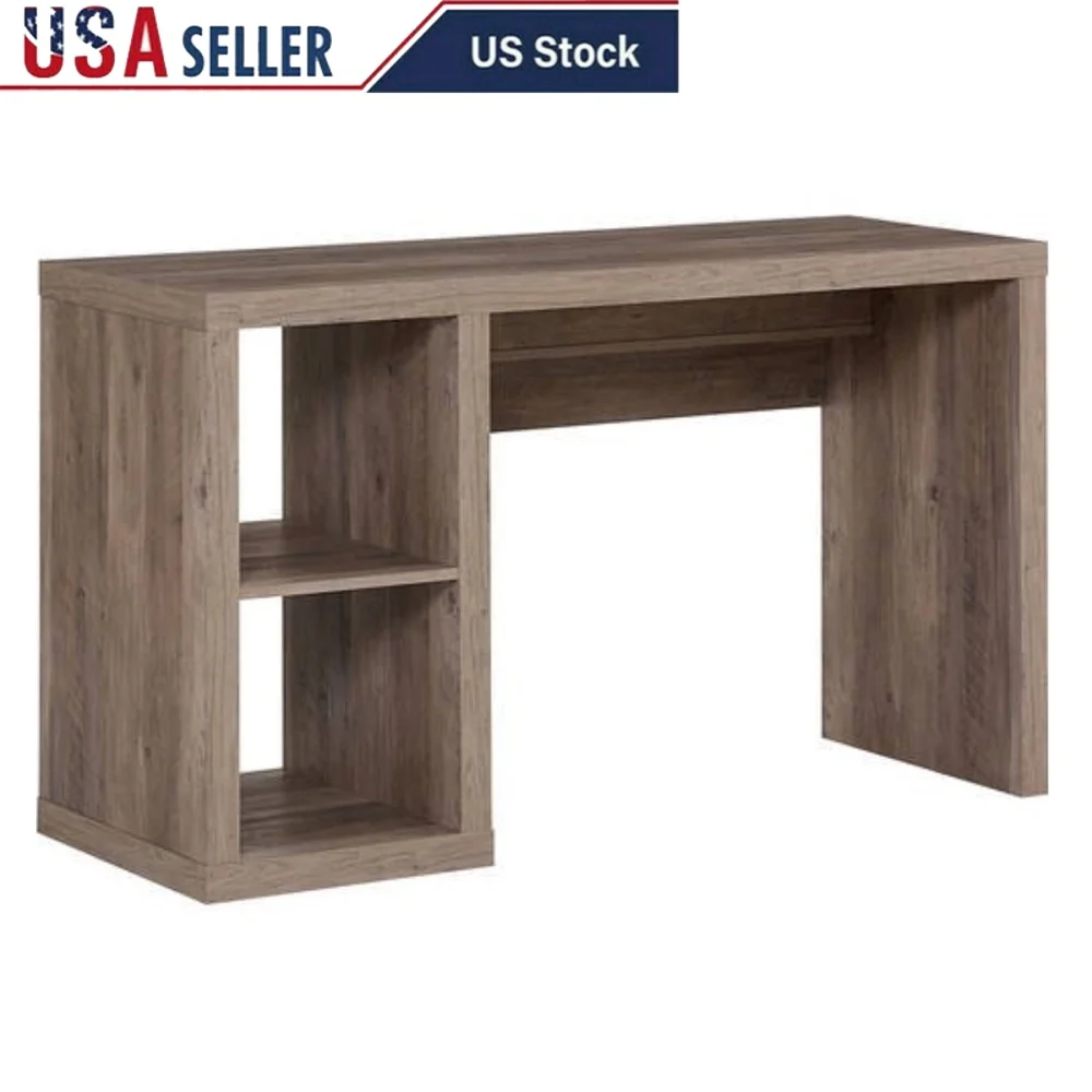 

Rustic Gray Cube Storage Office Desk with Built-in Cable Management System Space-Saving Design Home Office Workstation
