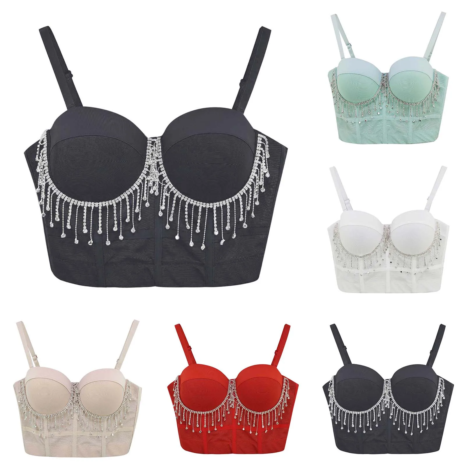 Nightclub Tassels Sexy Brassiere Female Rhinestone Underwire Tank Cropped Tops Women Low Cut Bare Midriff Spaghetti Strap Corset