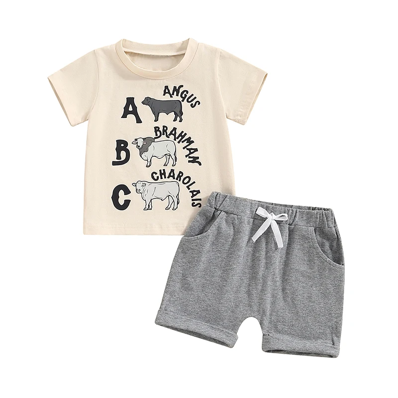 Unleash the Cuteness with our A B C Three-Headed Cow Summer Set in Beige - Available in Multiple Sizes!