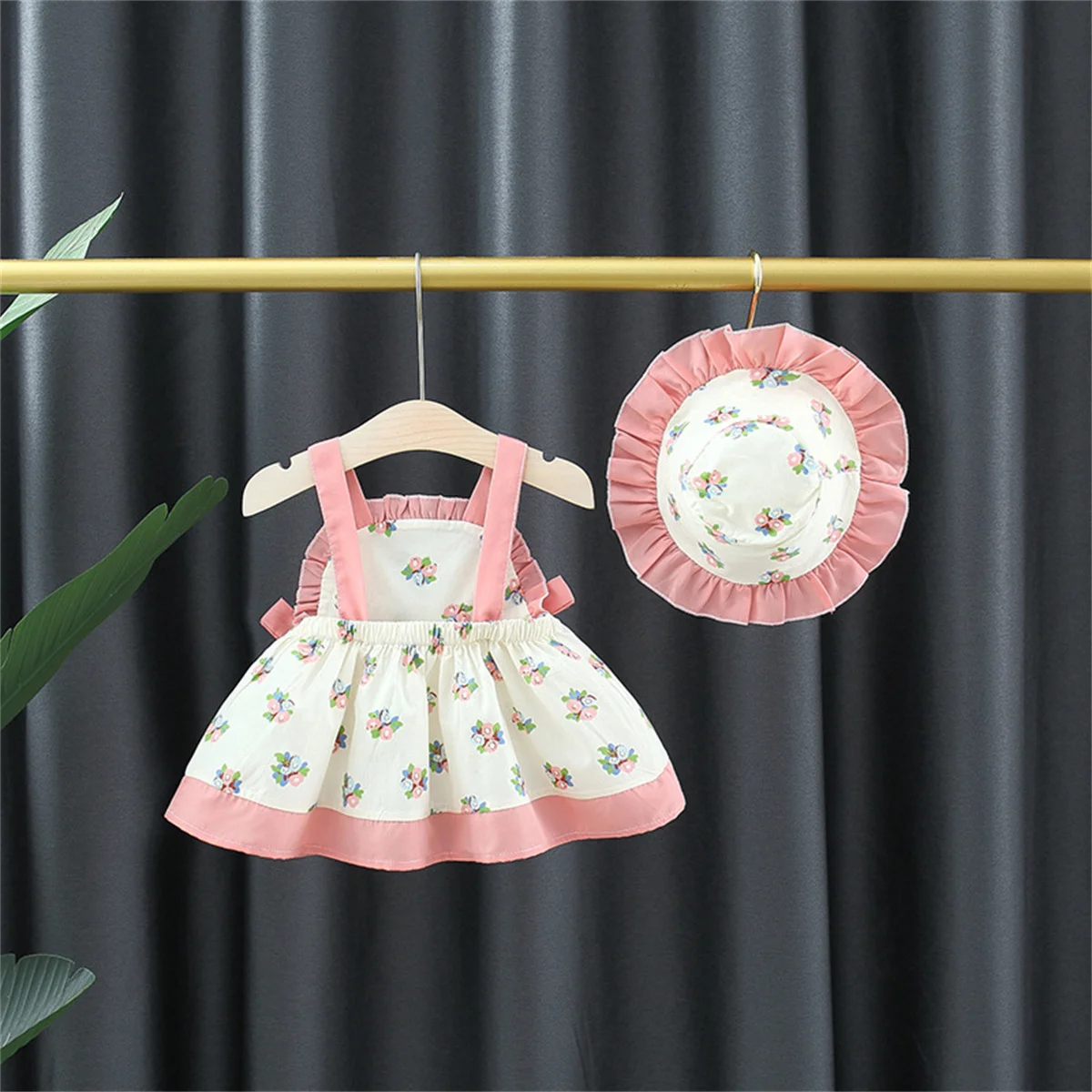 2-Piece Baby Princess Summer Dress+Lace Hat Baby Girl Lolita Bow Strap Flower Sweet Korean Version Skirt