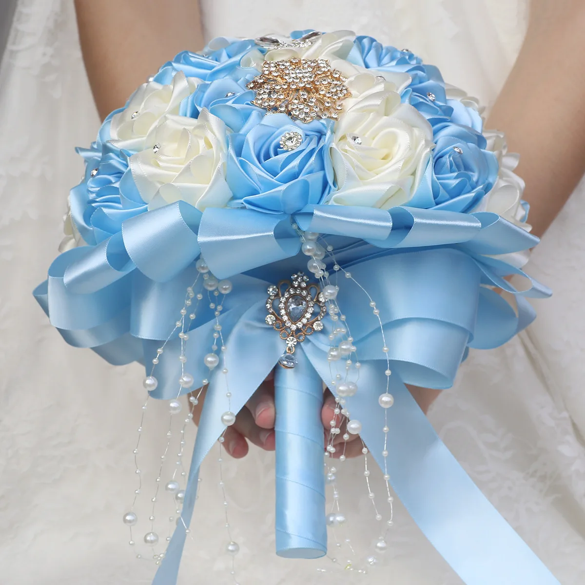 Bridal Bouquet Bling Rhinestone Crystal Brooch Satin Rose Wedding Hand Bouquet Boho Rustic Wedding